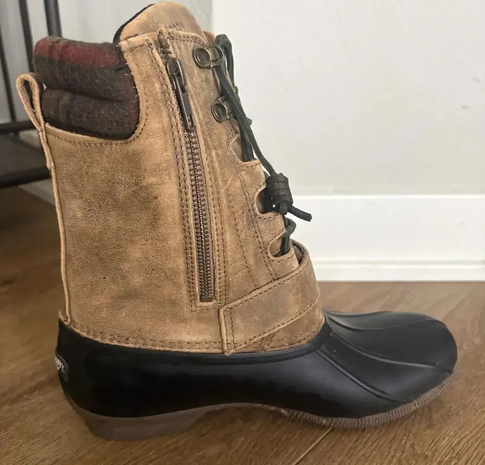 Sperry Saltwater Duck Boots Women’s 8 Tan Leather Waterproof Plaid Cuff Zip Lac